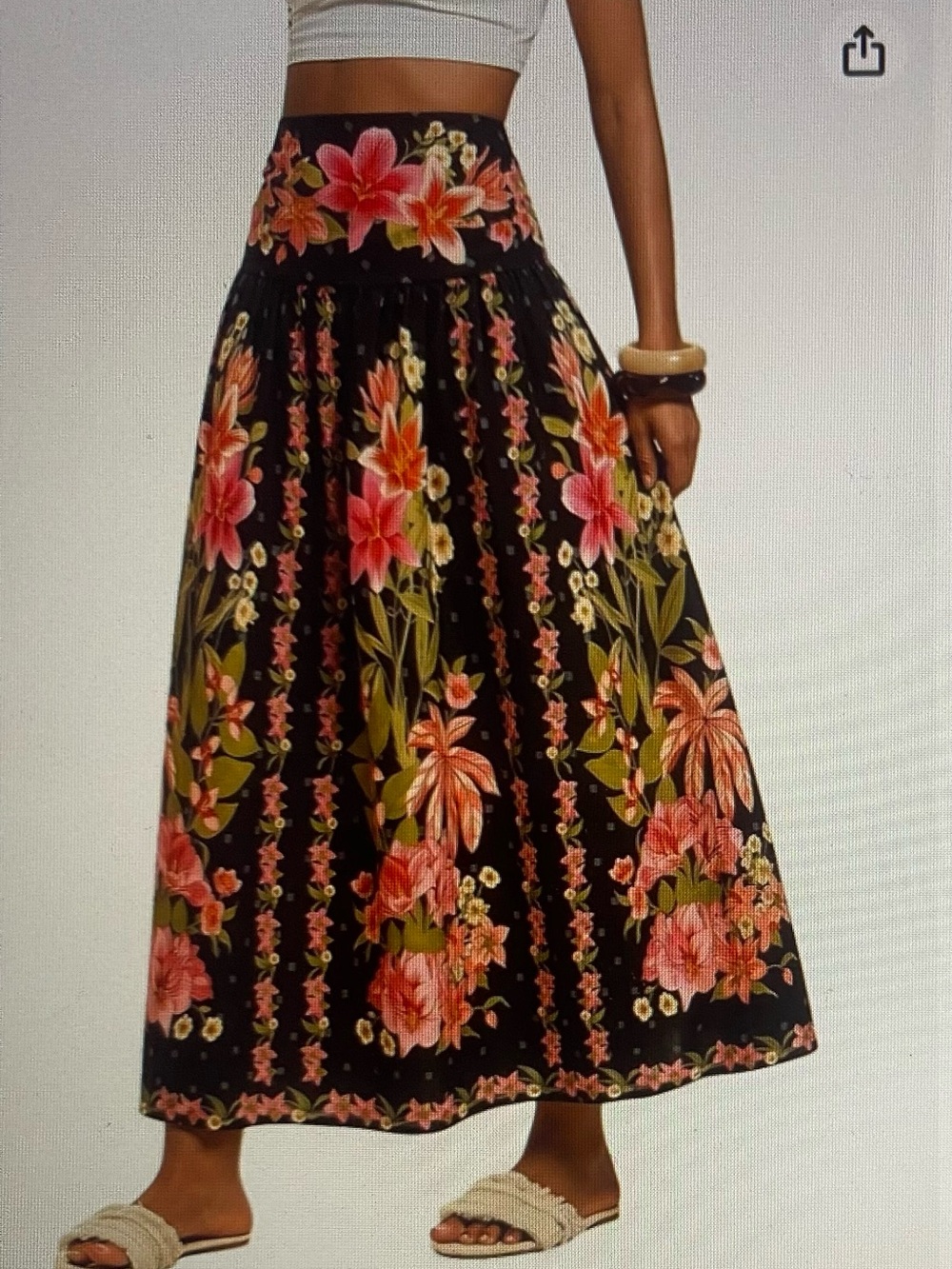 Verdusa Black Floral Maxi Skirt — Shirred High Waist Boho A-Line